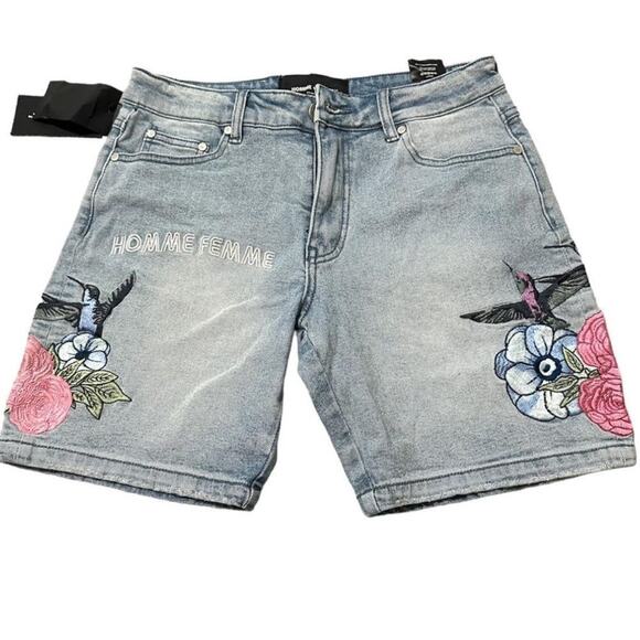 Homme + Femme Embroidered denim shorts hummingbirds, Unisex 34 or 44, new w/ tag - Picture 1 of 6